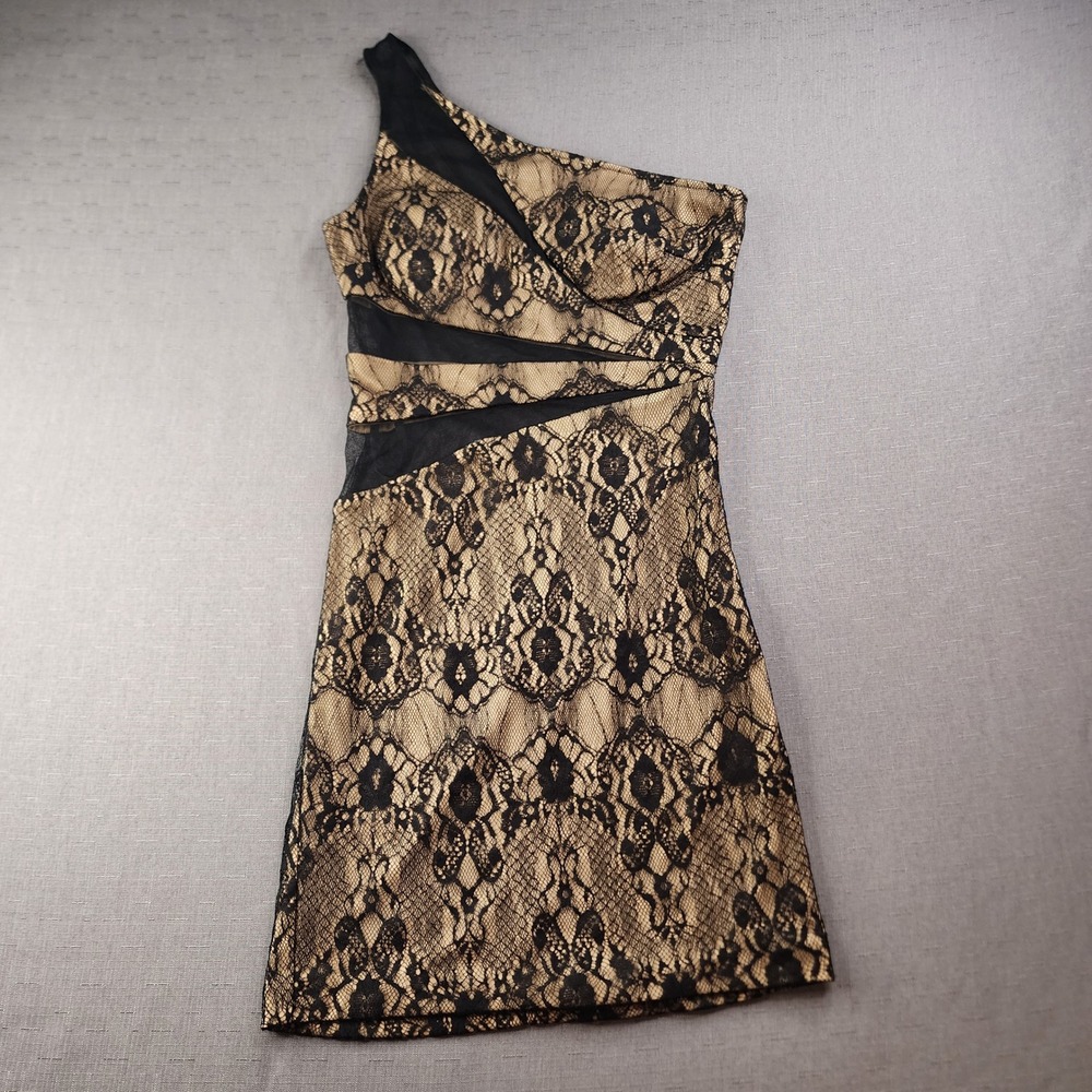 Arden B Black Lace One Shoulder Mesh Panel Cocktail Dress XS Homecoming Party